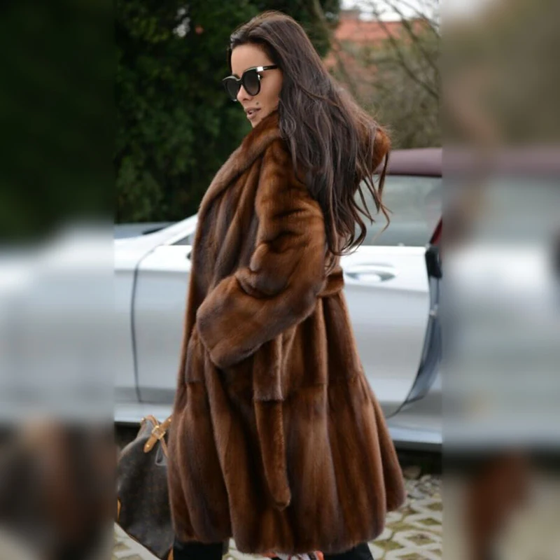 Winter Woman Natural Mink Fur Coat With Hood 2021 New Fashion Genuine Mink Fur Coats 100cm Long Luxury Overcoats With Fur Belt