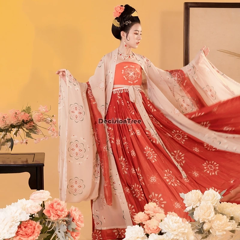 

2022 traditional chinese year hanfu women fairy dress folk dance flower print party stage performance princess ancient costumes