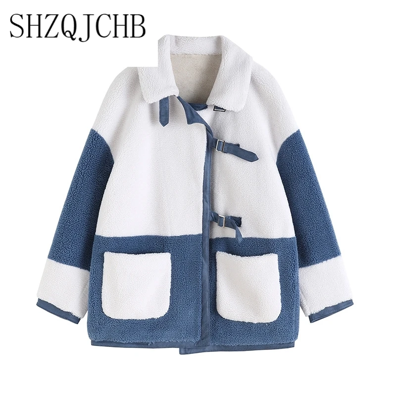 

2021 Women Spring Autumn Hit Color Stitching Artificial Lambswool Coat Female Loose Casual Overcoat Chic Plush Outerwear