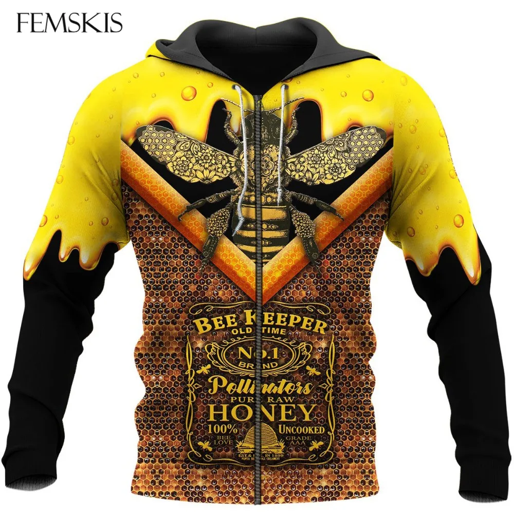 

FEMSKIS Bee Honey Hunting Zip Up Hoodies Men Women Animal 3D Full Print Hip Hop Zipper Sweatshirt Casual Hoodie Autumn Harajuku