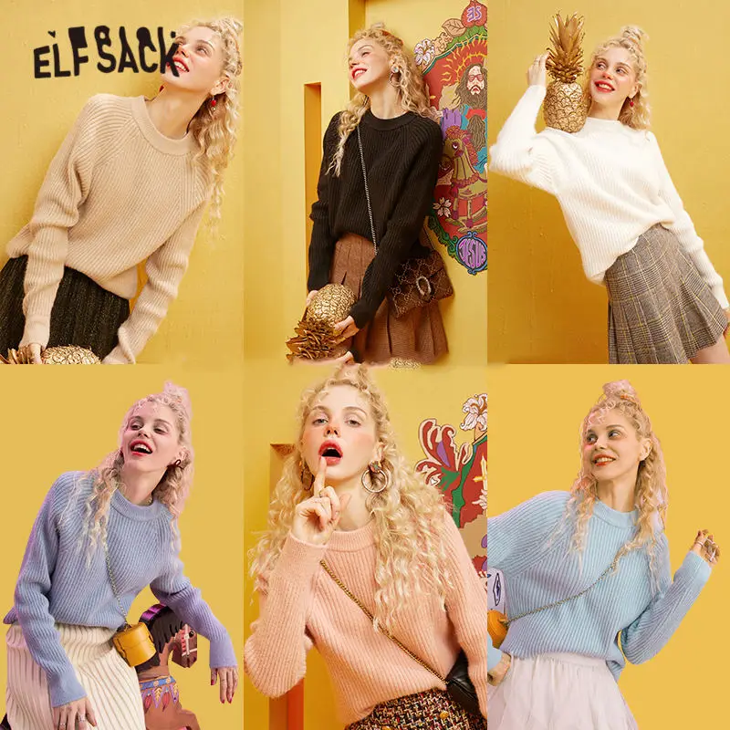 ELFSACK Multicolor Solid Minimalist Knit Casual Pullover Sweater Women 2020 Winter Pure Korean Long Sleeve Soft Ladies Basic Top | Женская