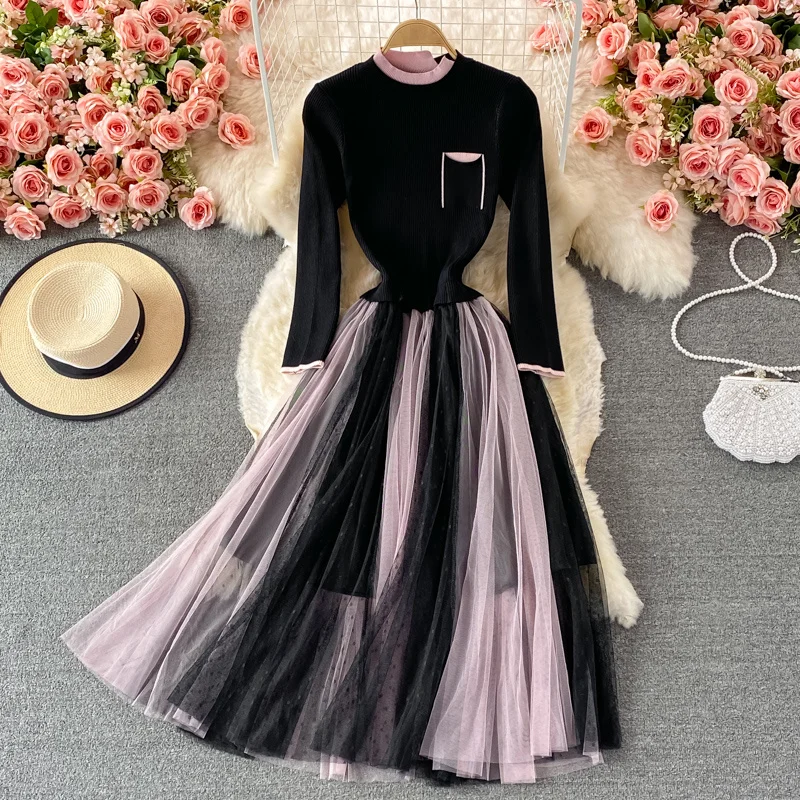 

Autumn new fake two piece stand collar knit stitched mesh slim pleated dress elegant Celebrity big swing dress