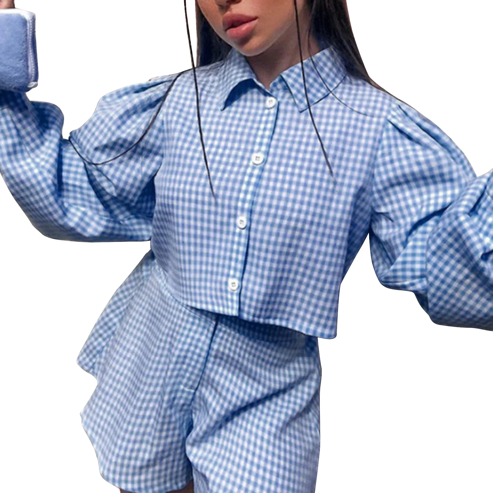 

Fashionable Women Two-piece Clothes Set, Plaid Printed Pattern Long Sleeve Blouse and High Waist Shorts, Pink/ Blue/ Brown