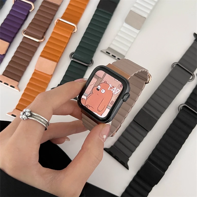 Ремешок магнитный для Apple Watch стильный кожаный браслет iwatch 7 6 se 5 4 3 2 1 41 мм 45 38 40 42 44 -