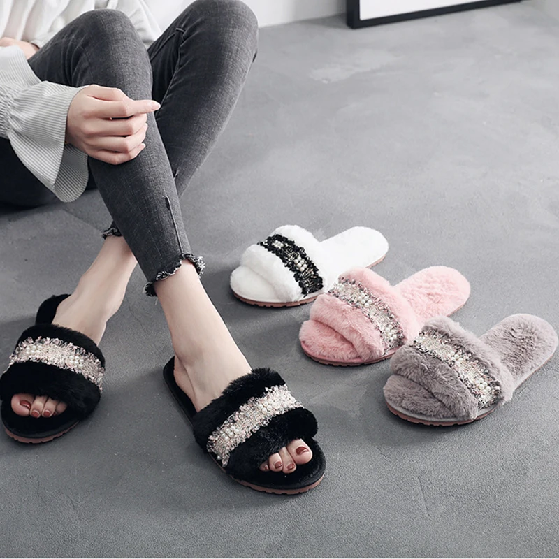 

comemore New Winter Women house Slippers Home Shoes 2021 Faux Fur Fashion Warm Shoes Woman Slip on Flats Slides indoor slippers