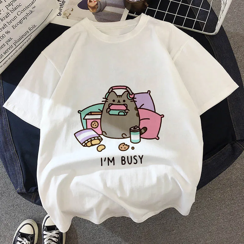 Kawaii, футболка с толстым котом, женская, новинка, летняя, милая, модная, короткий рукав, футболка, белая, тонкая, с секциями, хипстер, футболка, Топы, одежда