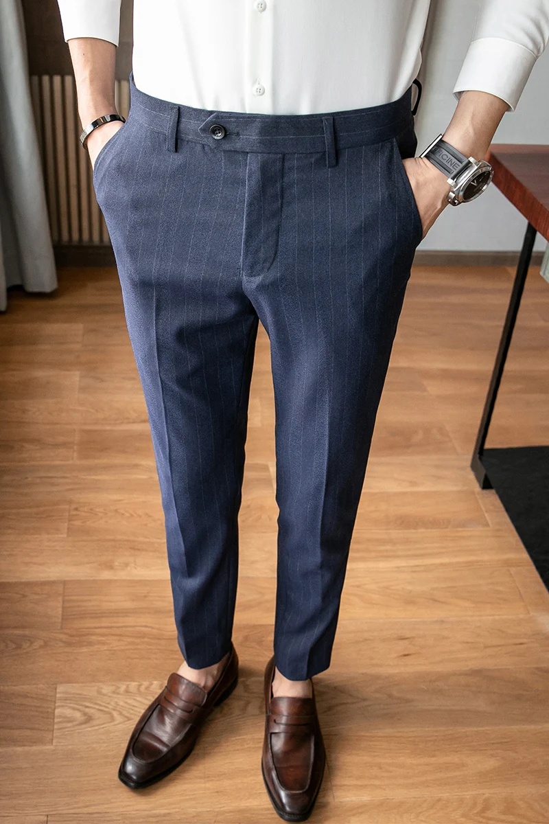 

New men's British style striped cropped trousers Slim-fit trousers with small feet, youth business casual trousers, suit pants