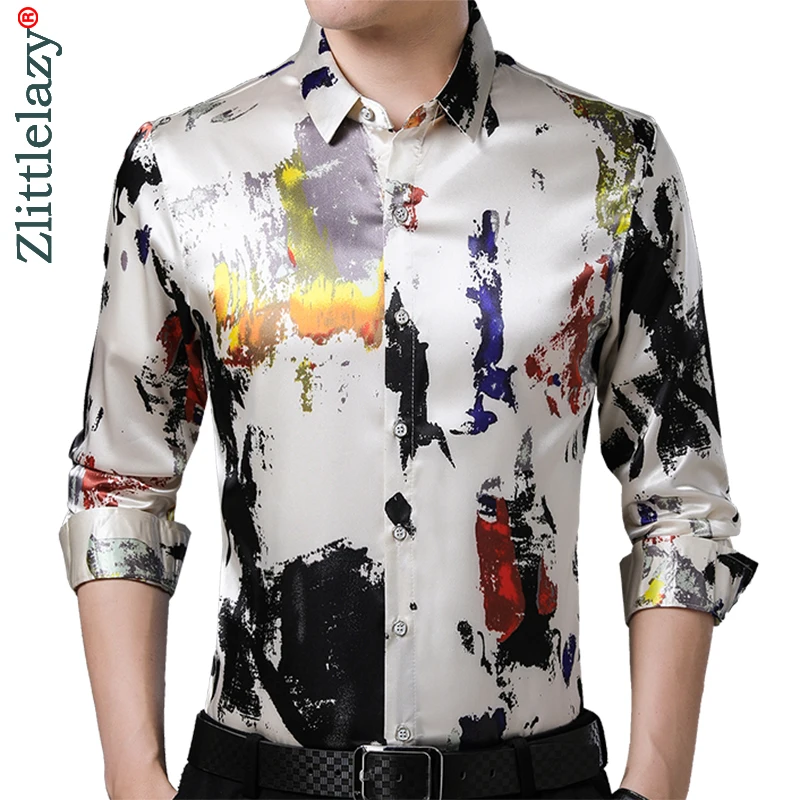 

2021 Brand Long Sleeve Men Social Shirt Spring Streetwear Casual Painted Shirts Dress Mens Slim Regular Fit Clothes Fashions 102