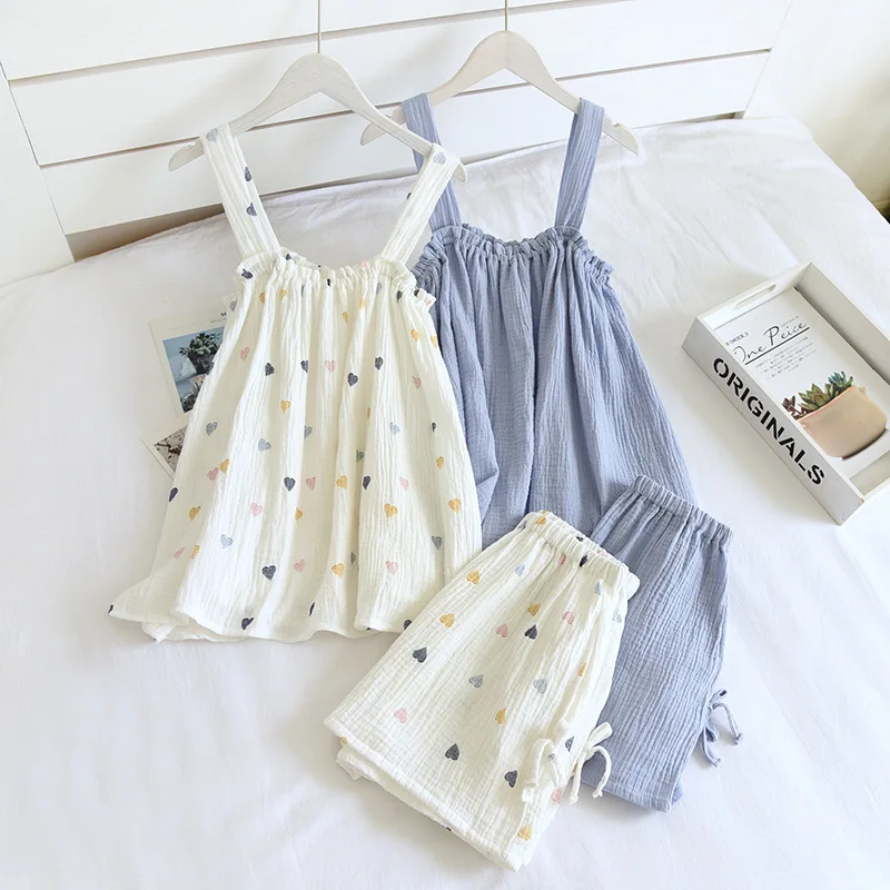 

2021 Summer New Style Ladies Pajamas Two-piece 100%Cotton Crepe Suspender Shorts Vest Suit Sweet And Loose Home Service Sexy Pjs