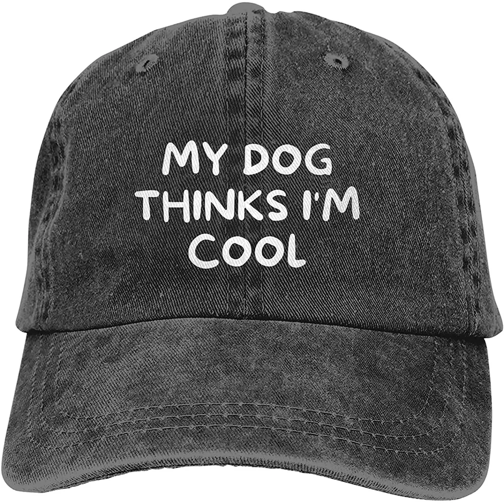 

My Dog Thinks I'm Cool Adjustable Distressed Denim Denim Adult Unisex Print Caps for Men Baseball Caps