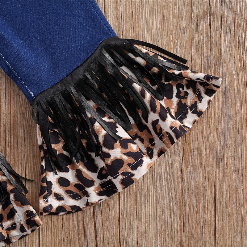 

Spring Autumn Baby Girl Clothes Flared Jeans Leopard Print Stitching Tassel Decoration Long Pants 1-6Y Children Girl