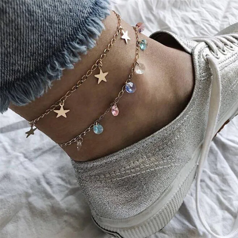 RAVIMOUR Бесконечность ножные браслеты для женщин создан жемчуг звезда Aankle браслет Cheville Femme индийские ноги ювелирные изделия золото серебро ноги цепи - Окраска металла: 2PCS-Star Crystal
