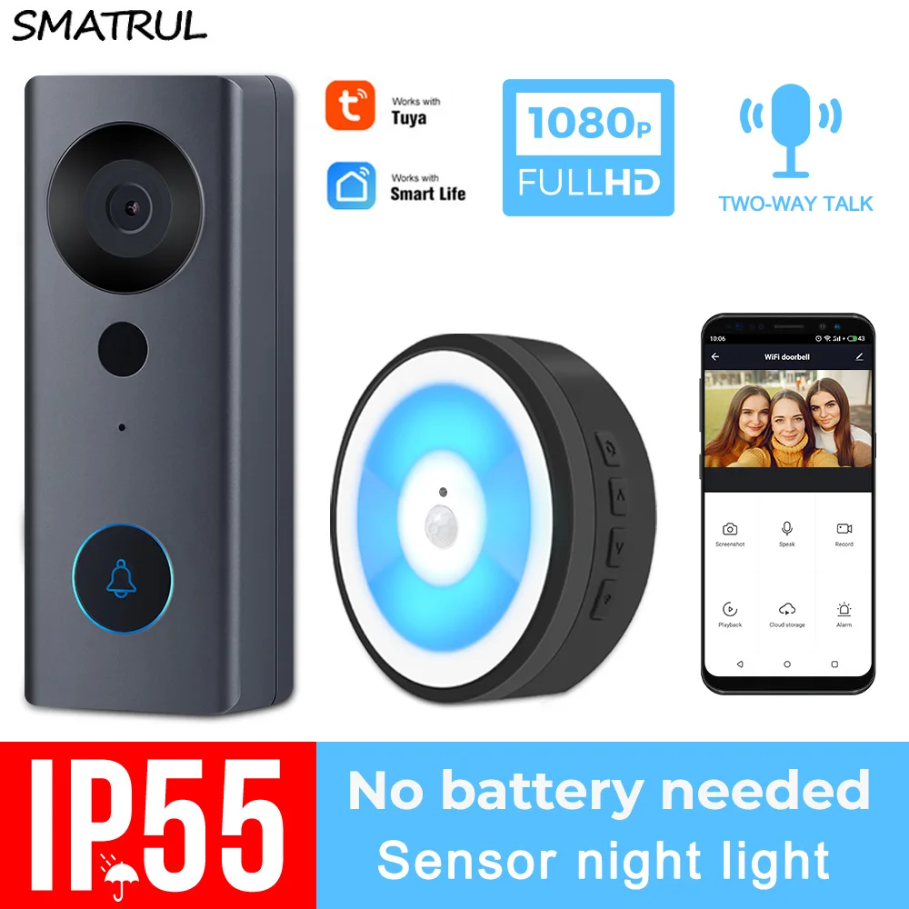 SMATRUL Tuya 1080P HD видео-дверной звонок Камера Wi-Fi Беспроводной умный дом дверной звонок открытый домофон 2 аудиоданных светодиодный ночной Светильник USB - изображение