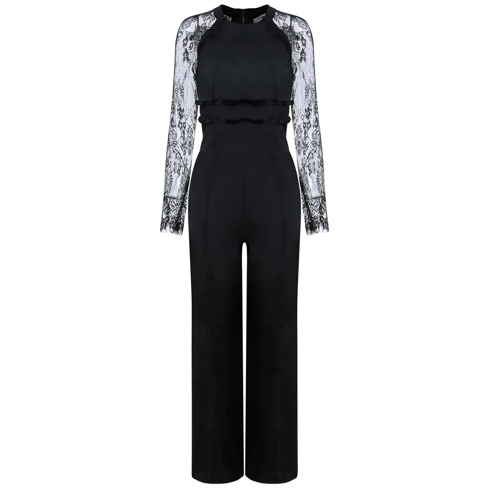 

Новинка 2020, элегантный женский повседневный черный комбинезон с круглым вырезом, комбинезон с кружевным рукавом, прямые длинные брюки XXL