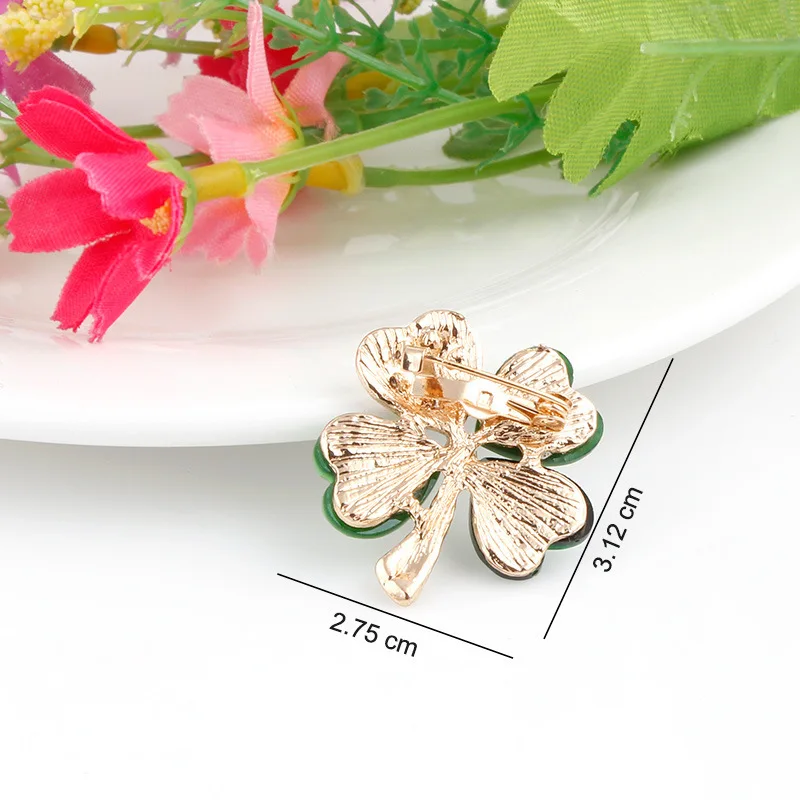 Light Green 4 Leaf Clover Crystal Irish Shamrock Brooch Lapel Collar Pins for Men or Women