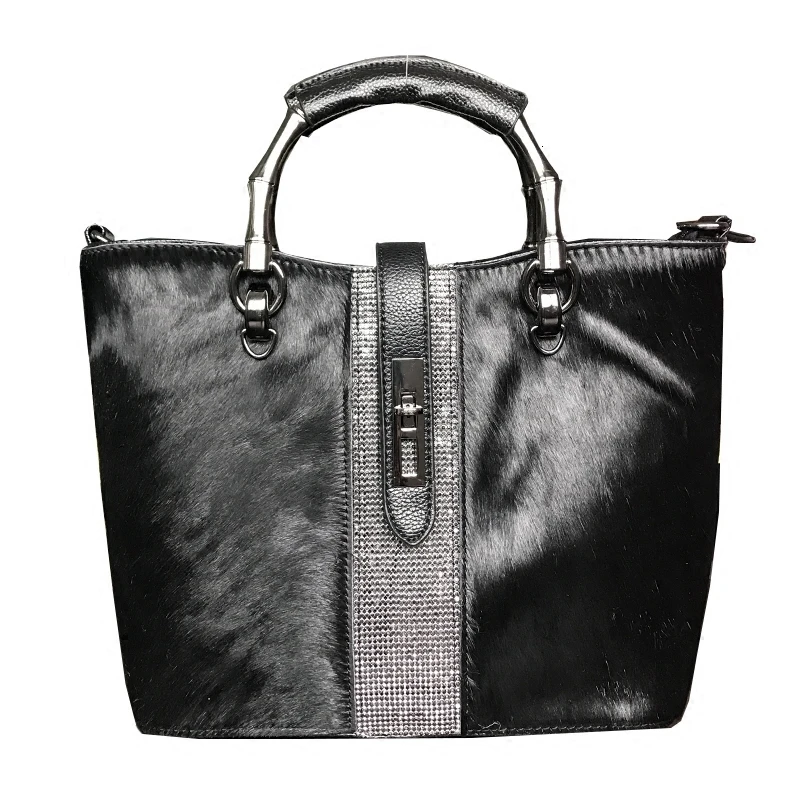 Horse Hair Rhinestone Woman Handbag Genuine Leather Totes Diamond Shoulder Bag Anti-theft Lock Buckle Winter Fur Bags New - Цвет: crystal