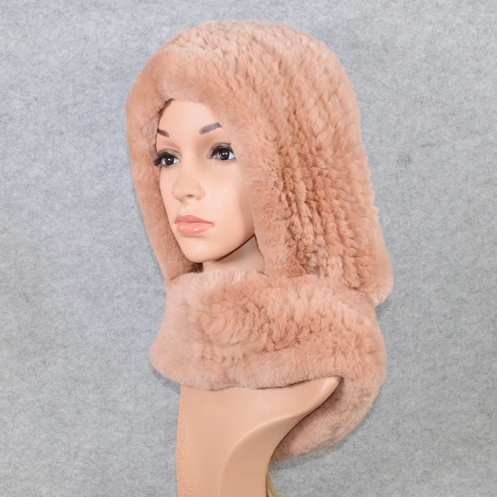 Женская зимняя вязаная шапка шарф из натурального меха кролика Рекс брендовая