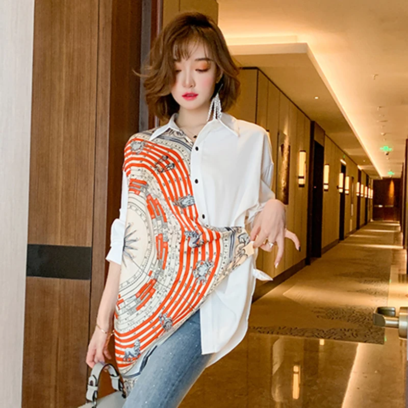 

Блузка женская с отложным воротником, винтажная с принтом, на пуговицах, белый топ в стиле пэчворк, уличная одежда, 3XL, C115, весна