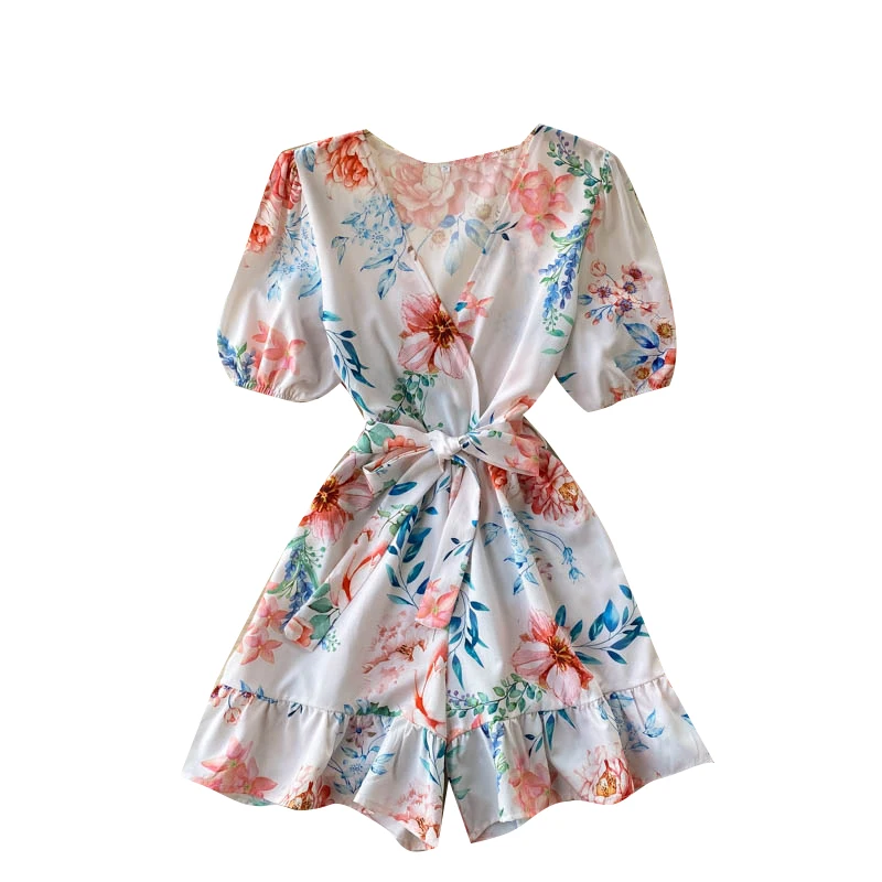 

Женский Летний комбинезон с принтом, яркий Облегающий комбинезон с V-образным вырезом, на шнуровке, с оборками и широкими штанинами, KK468