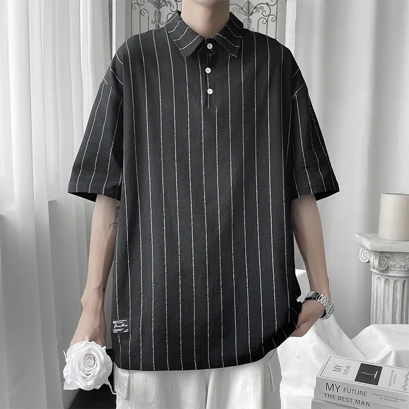 

Summer Cotton Pullover Shirt Men's Fashion Black White Casual Shirt Men Loose Striped Shirt Mens Dress Shirt Large Size M-5XL
