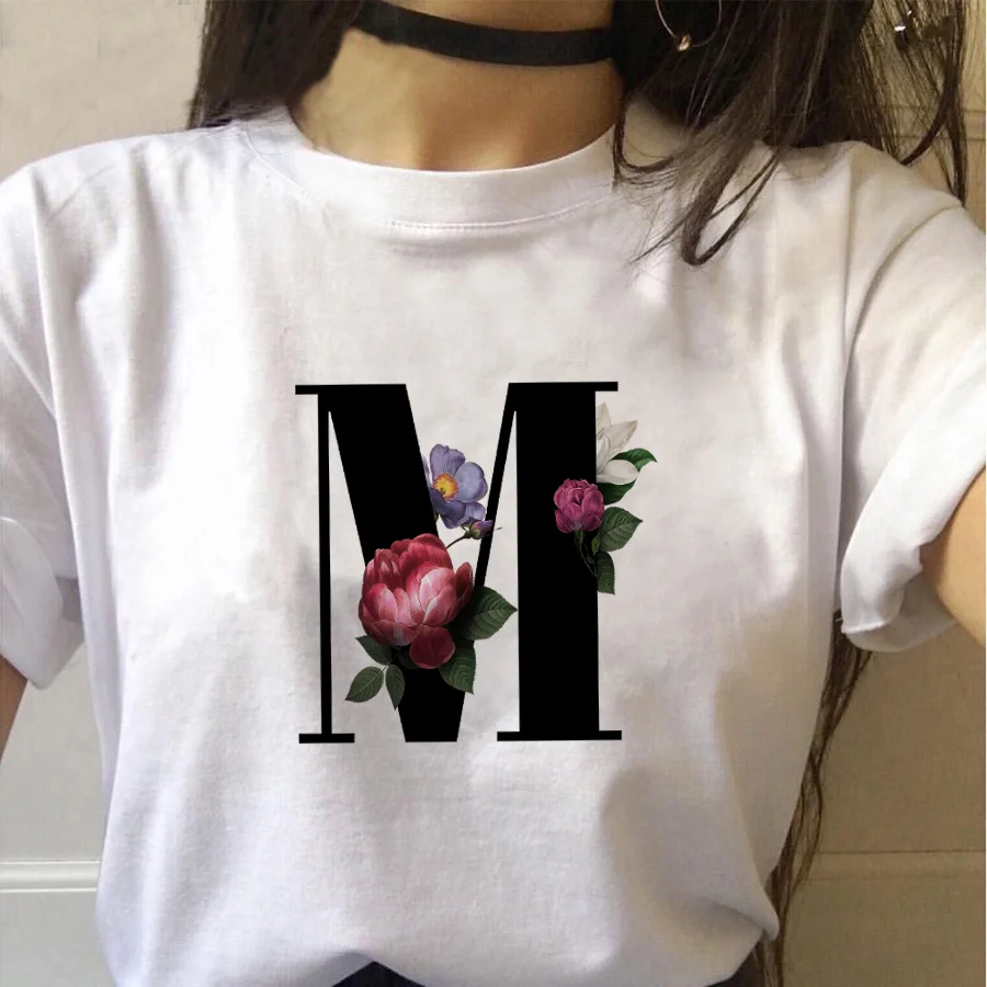 

Vogue 26 Black Alphabet Women's Tshirt Harajuku A To Z Alphabet combination flowers Short Sleeve casual Korean Style Tops female