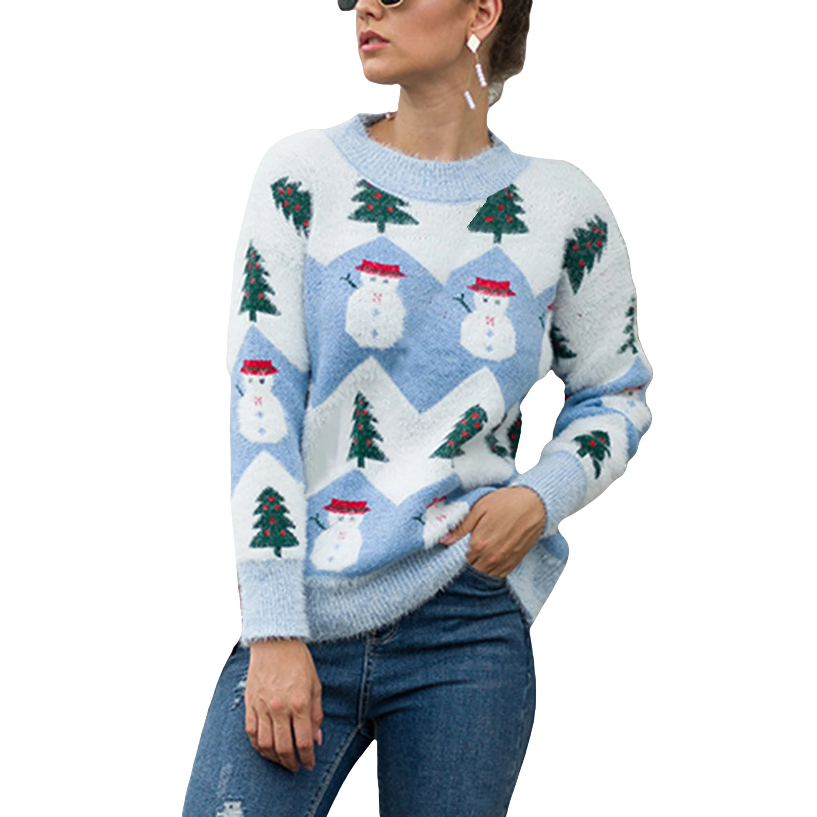 

Women Knit Sweater, Adults Christmas Tree & Snowman Pattern Long Sleeve Round Neck Pullover