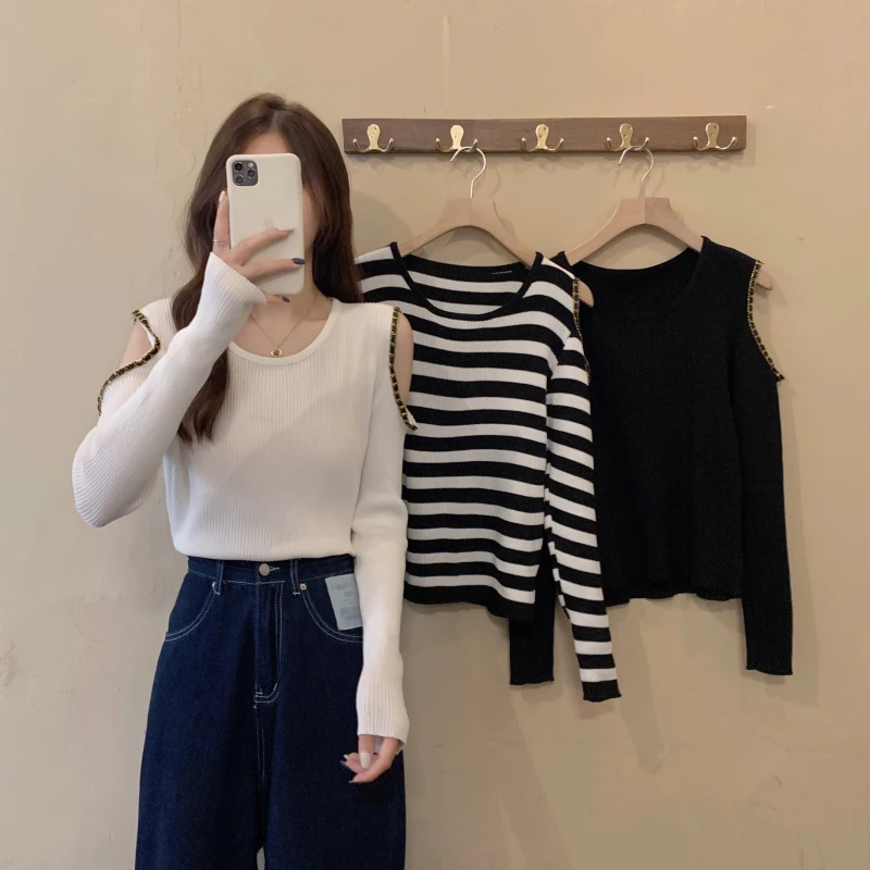 

Fall Spring New Striped Sweater Women Korean Fashion Hollow Out Slim Fit Knited Pullovers Female Sexy Black Jumpers Mujer 2021