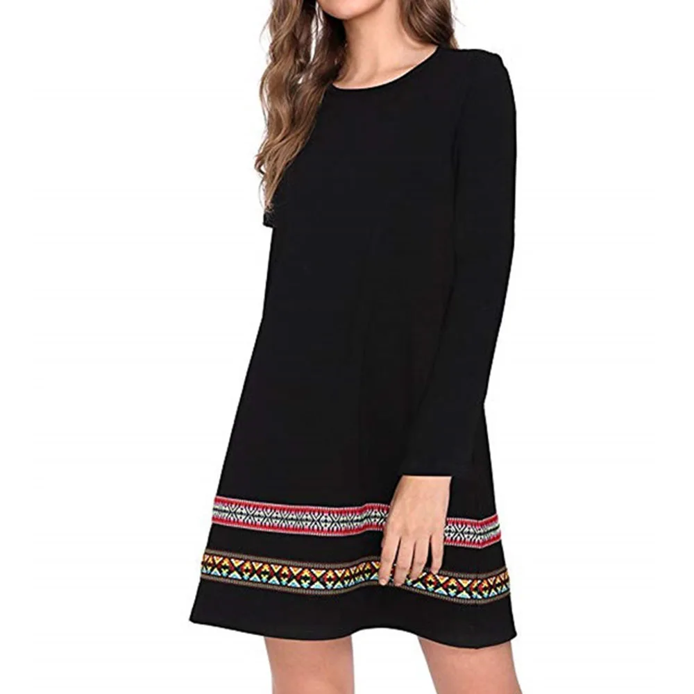 

Women Dress Print Solid Round Neck Long Sleeve Casual Ethnic Dress Print Autumn Women Clothes Vestido Elegantes Plus Size 3XL