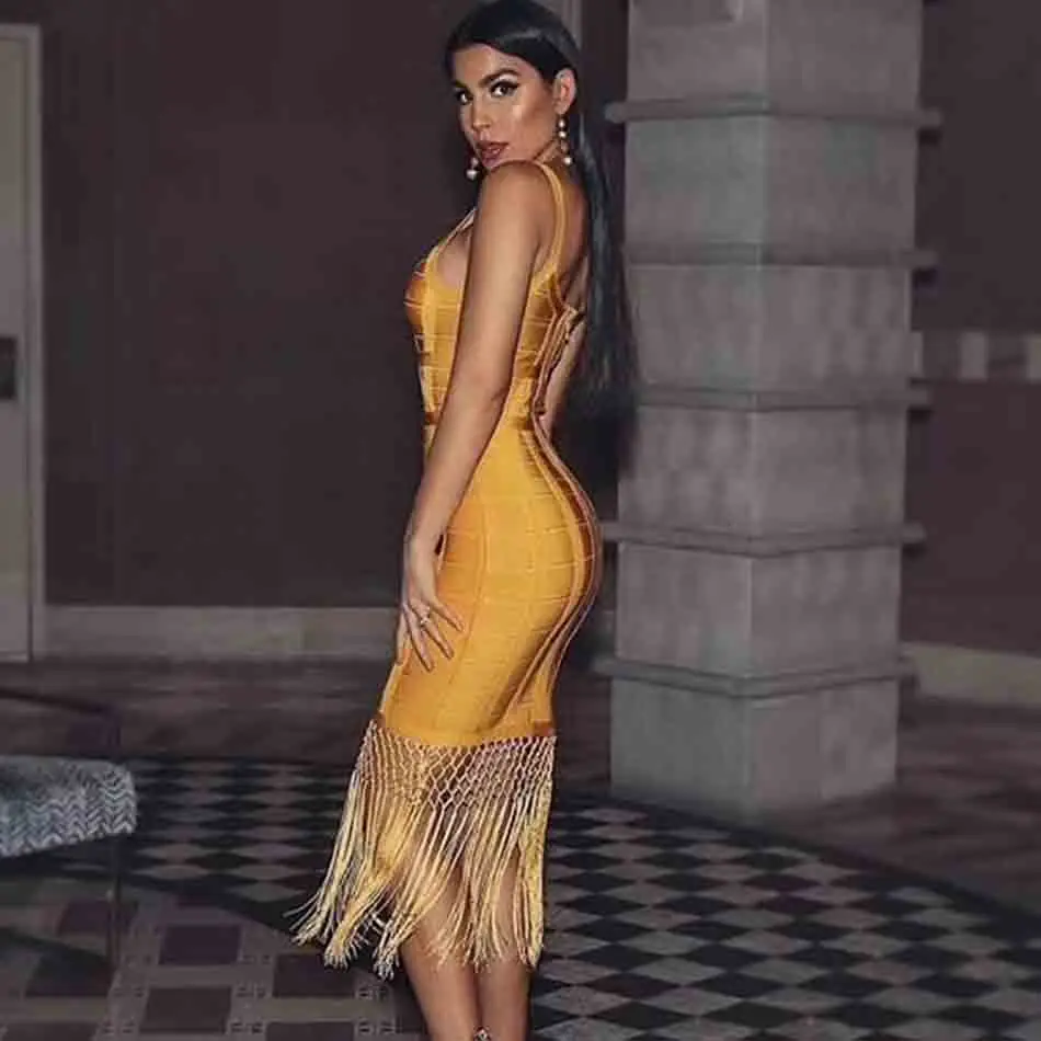 Новинка 2021 летнее женское облегающее платье средней длины имбирного желтого