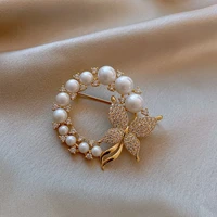 advanced luxury zircon butterfly pearl round gold pin for woman korean fashion jewelry party evening dress light proof button