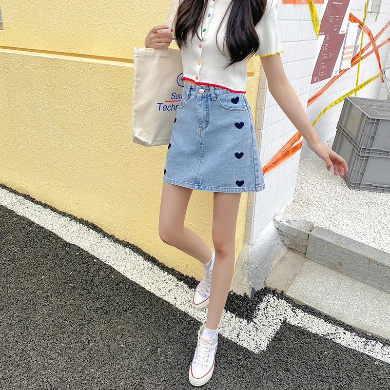

Real photo 2021 summer new high waist slim design love embroidery age reducing A-line denim skirt