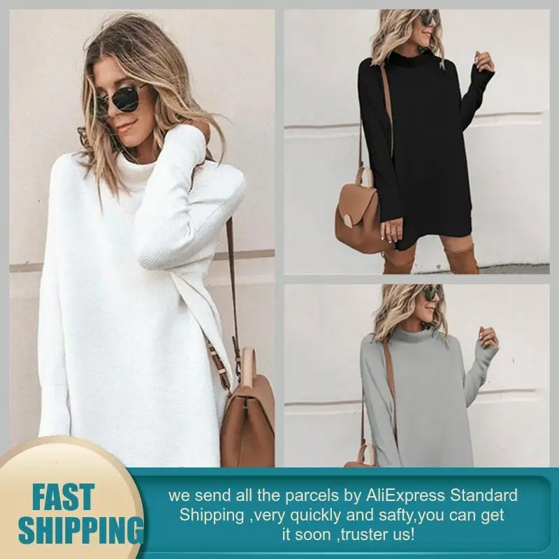 Женское трикотажное платье-свитер однотонный облегающий пуловер с длинным