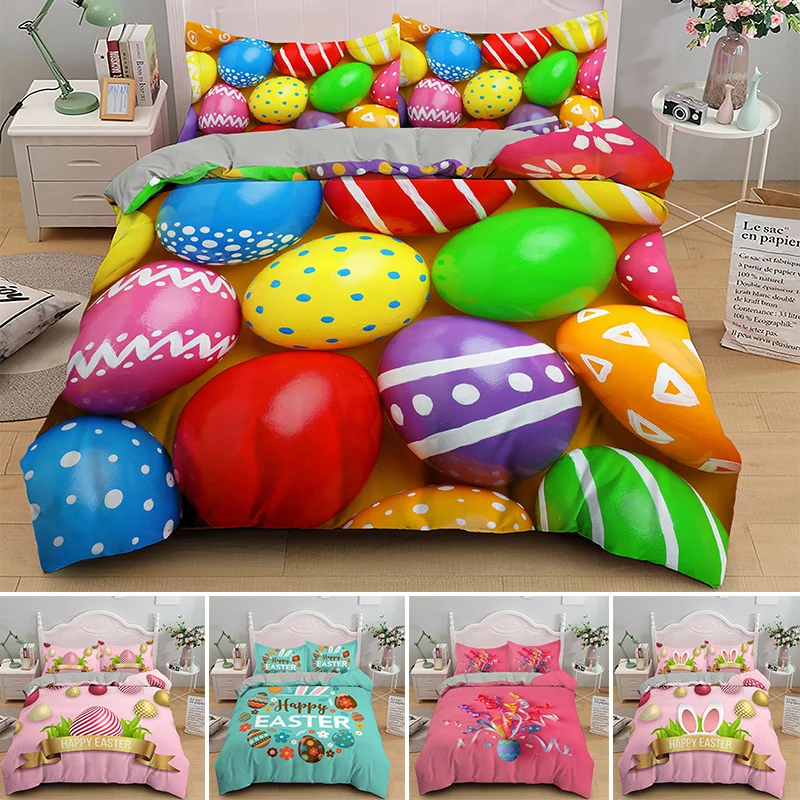 

Happy Easter Egg Duvet Cover Cartoon Bedding Set 2/3 Pieces Soft Microfiber Christmas Gift Cute Comforter Covers With Pillowcase