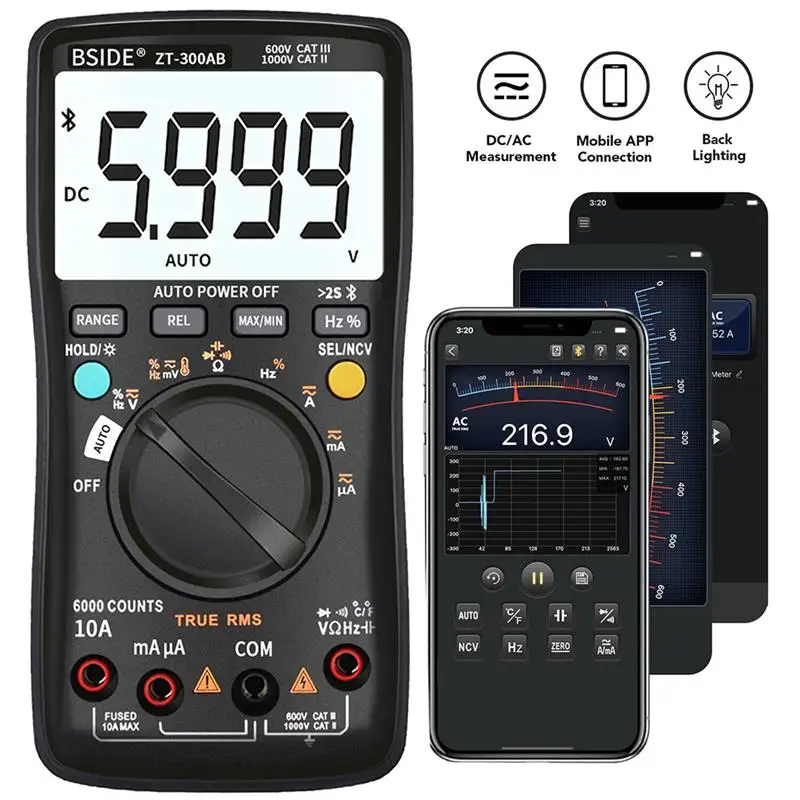 

Мультиметр BSIDE ZT-300AB, беспроводной, цифровой, с истинным среднеквадратичным значением, ручным/автоматическим выбором диапазона, 6000 отсчетов,...