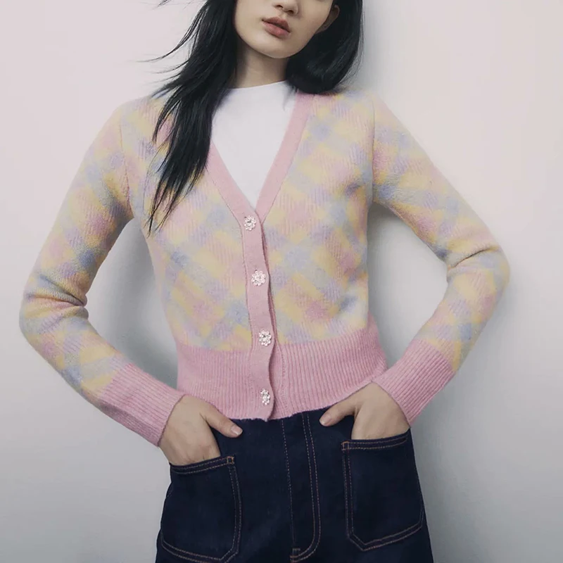 

2021 Women Winter Vintage Argyle Pearl Buttons Cardigan Knitted Sweater Fashion V Neck Long Sleeve Solid Female Casual Tops