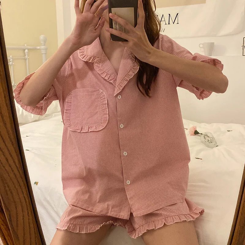 

Korean lapel sweet girl's sleepwear pajamas set short sleeve shorts pijama suit casual plaid cotton nightwear pyjamas women