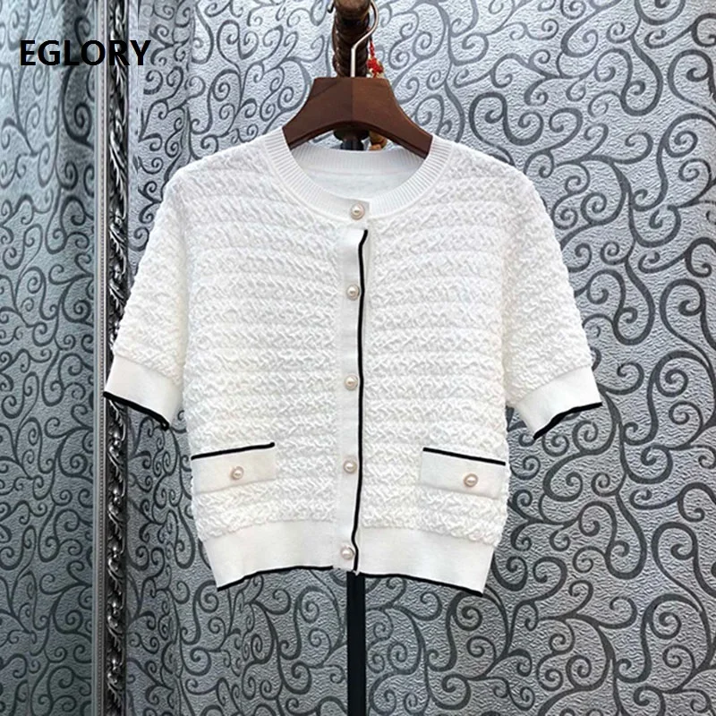 2020 Autumn Fashion Sweater Cardigans High Quality Ladies Vintage Jacquard Patterns Knitting Short Sleeve White Black Cardigan