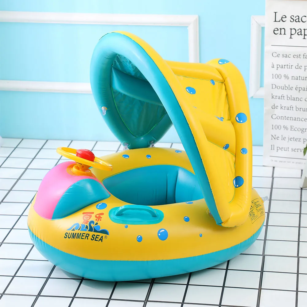 

Baby Inflatable Swimming Ring Cartoon Baby Float with Safe Seat Boat Sun Awning Water Sports Toys Baby Accessories Circle Buoy