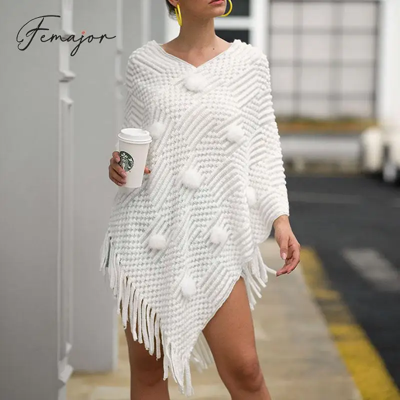 Femajor 2019 Осень зима женская мода белая накидка пальто шикарное с кисточками