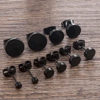 fashion women men black round stainless steel simple ear studs earrings 5 size punk earring jewelry
