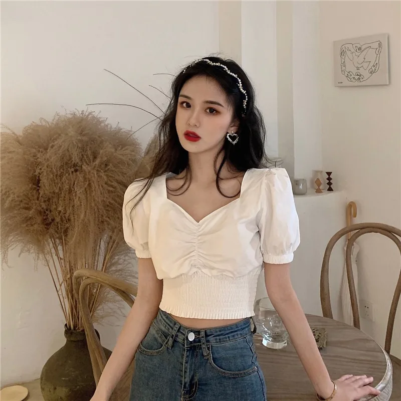 

Fluffy Sleeves Square Collar Shirt Ladies Design Sense Niche Short Waist Summer High Waist Belly Button Short Sleeve Shirt