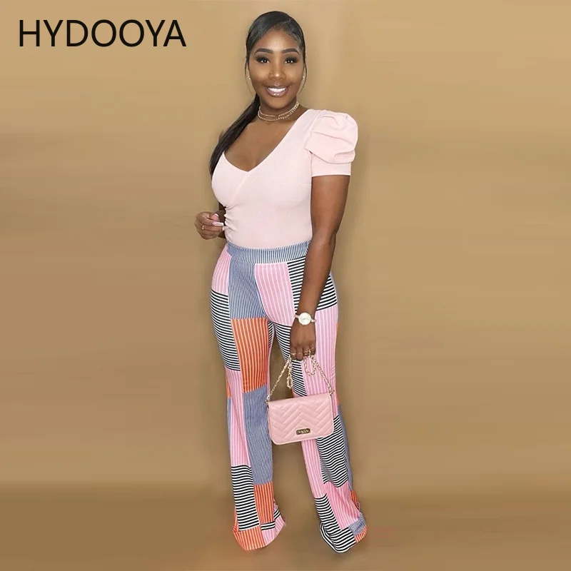 

Women Set One Shoulder Short Puff Sleeve V-neck Slim Tops Print Long Flare Pants Two 2 Piece Set Sexy Club Outfits Summer Autumn