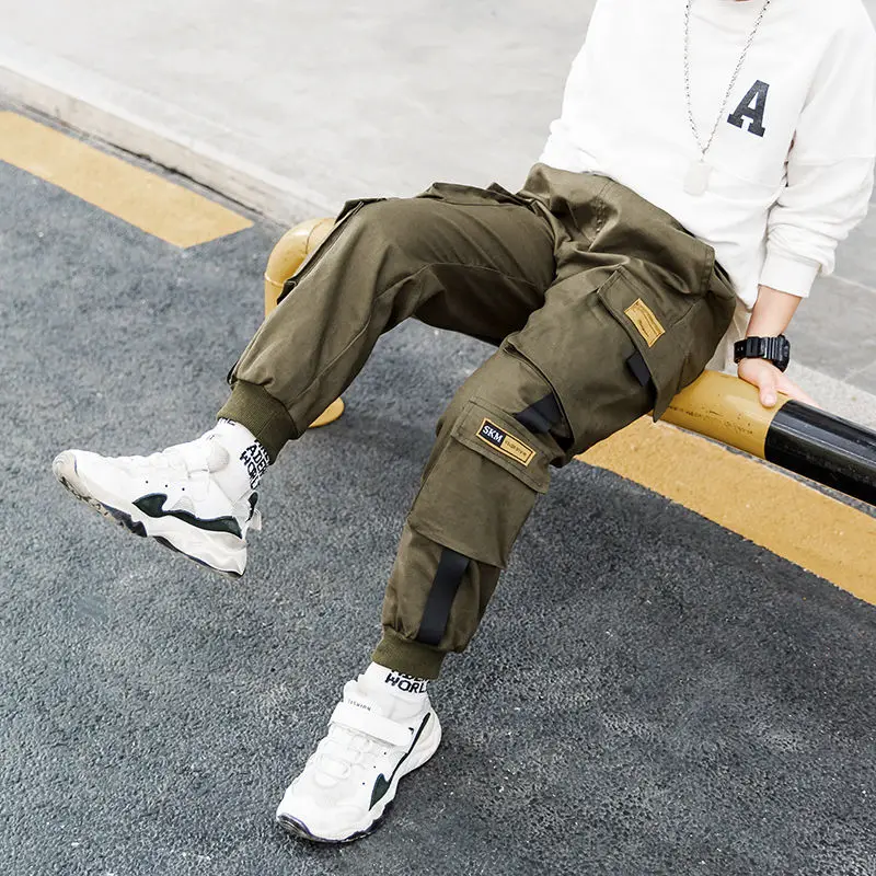 

Boy pants 4-13years old Cotton Trousers boy pants overalls label big pocket fall clothes for kids Korean overalls loose trousers