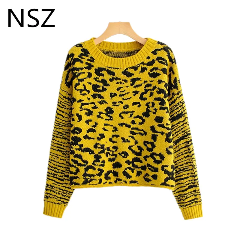NSZ женский свитер с леопардовой раскраской животным принтом вязаный пуловер