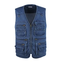 denim men vest cotton sleeveless jackets blue casual fishing vest with many pockets plus size 10xl outdoors waistcoat male vest
