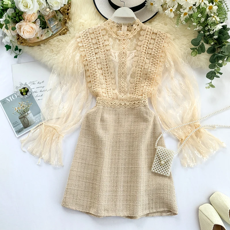 Осенние женские дизайн поддельные 2 предмета кружевное платье в стиле пэчворк