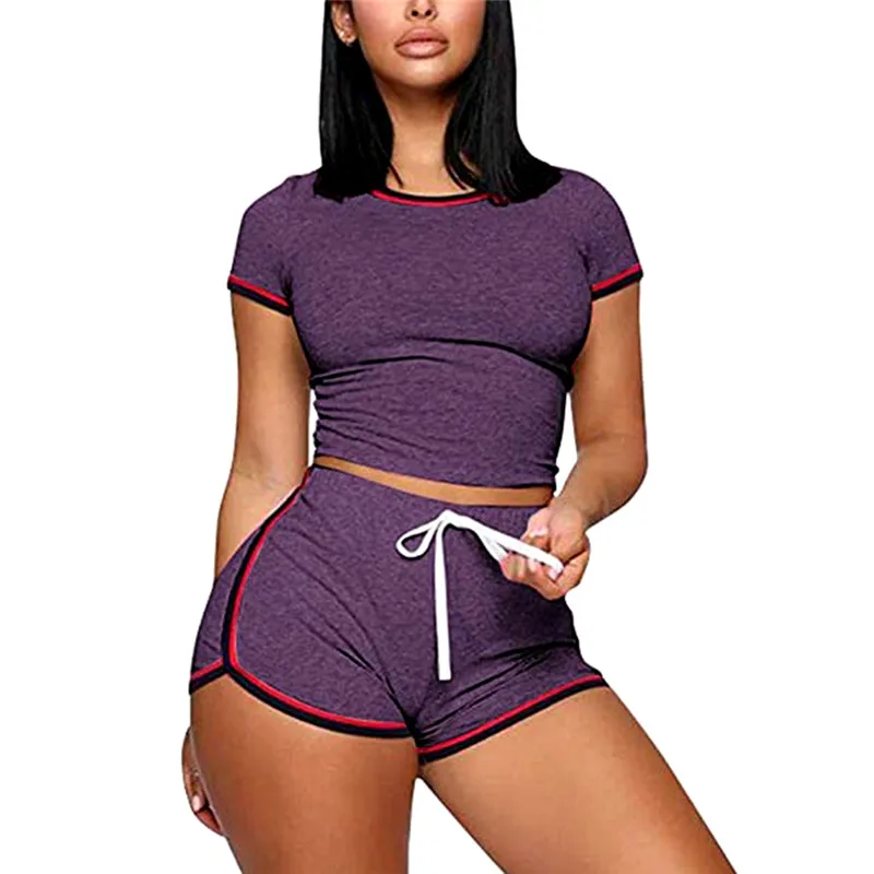 

Summer Women Short Sleeve Crop Top Drawstring Shorts Casual Ladies Sport Two Piece Set Outfits Solid Homewear Tracksuit