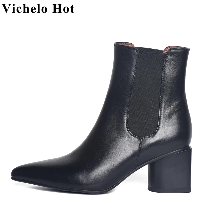 

Vichelo Лидер продаж 2022 Новое поступление элегантные современные ботинки из натуральной коровьей кожи с острым носком на толстом высоком кабл...