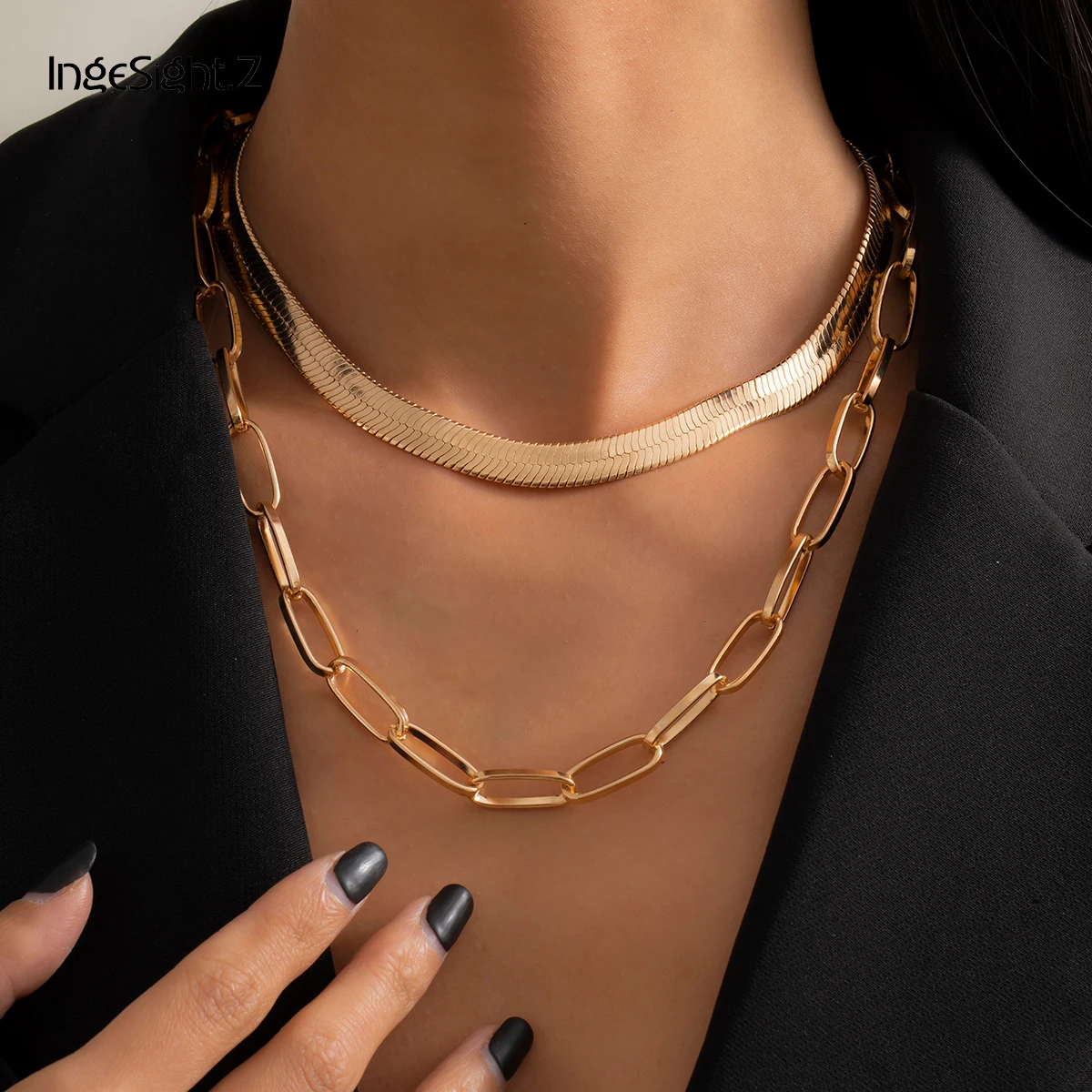 

IngeSight.Z 2Pcs/Set Wide Flat Blade Snake Chain Choker Necklace Collar Multi Layered Gold Color Clavicle Necklaces Jewelry Gift