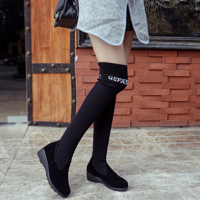 

2019 New Boots with Skinny Letters Over Knee Wool Boots Heels Height Womens Winter Boots Snow Boots Women Elastic Boots